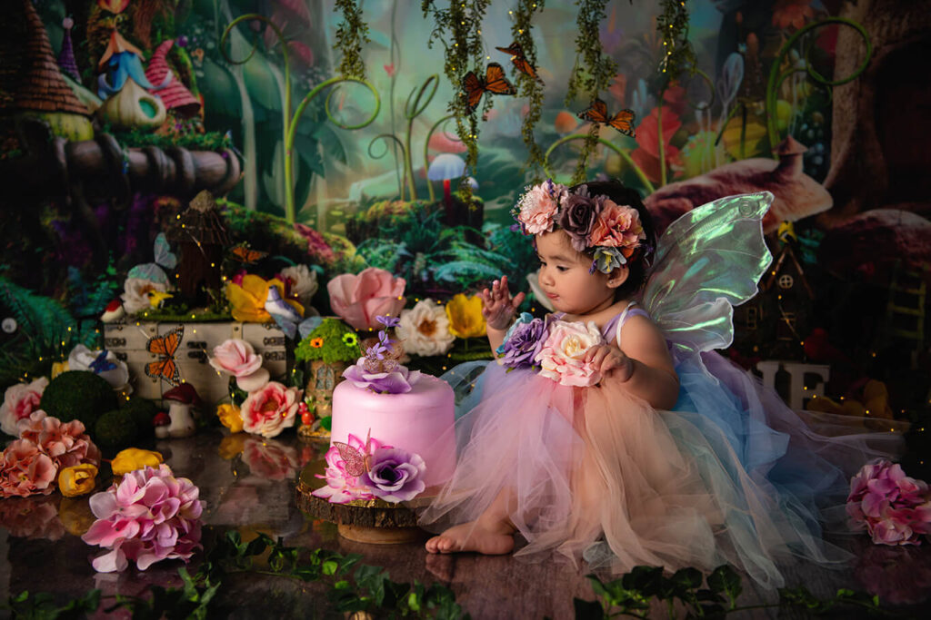 Enchanted fairy cake smash first birthday portrait