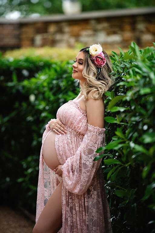 Pink lace maternity gown pregnancy shoot