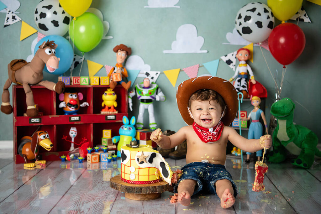 Toy story first birthday cake smash photography