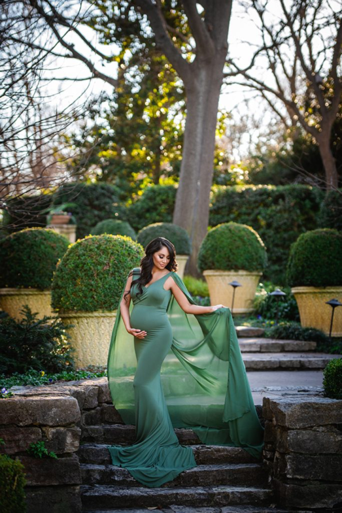 maternity gown green for outdoor maternity photoshoot