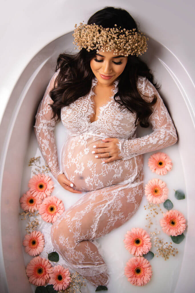 Floral maternity milk bath photoshoot
