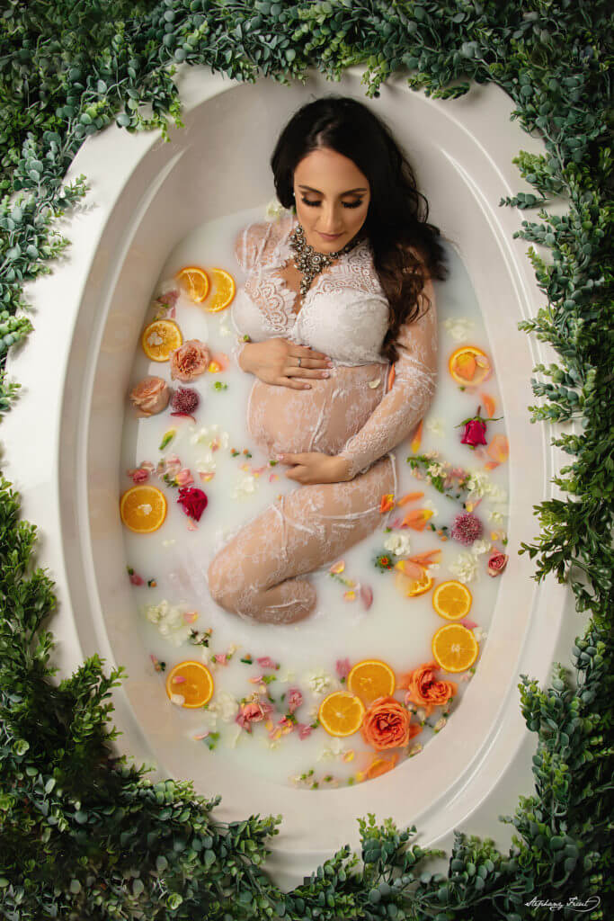 In studio maternity milk bath photography
