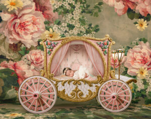Stephany Ficut studio photography ideas — newborn in a decorative floral cart, luxury Dallas studio photo with whimsical seasonal styling.